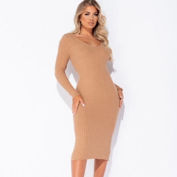 Dresses & Skirts - Brown Rib Knit Long Sleeve V-Neck Bodycon Pencil Midi Sweater Dress